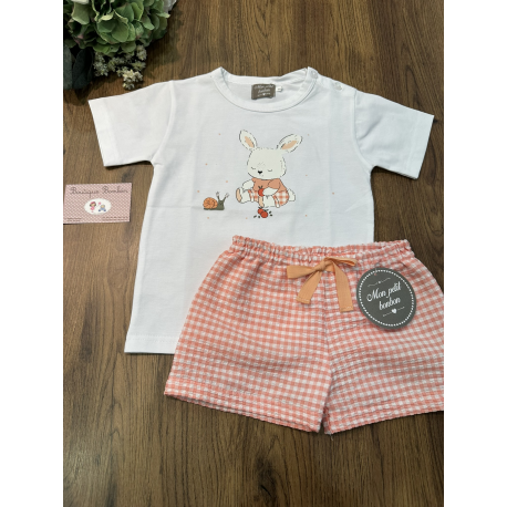 CAMISETA NIÑO CONEJO/MELOCOTONES MÁS BERMUDA VICHY , MON PETIT