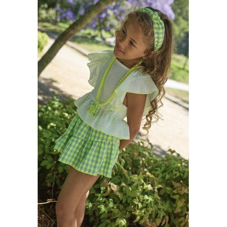 FALDA VICHY AZUL-FLÚOR MÁS BLUSÓN RATAS FLÚOR , LA MARTINICA