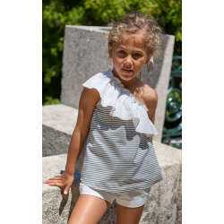 PANTALÓN LINOBLANCO MÁS BLUSÓN ASIMETRICO VOLANTE BLANCO , LA MARTINICA