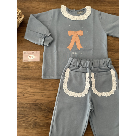 SUDADERA NIÑA BB FELPA LAZO MÁS PANTALON LARGO FELPA BOLSILLOS , MON PETIT