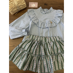 CAMISA NIÑA VICHY CELESTE VOLANTE MÁS FALDA/PANTALON RAYAS VERDE/CELESTE , MON PETIT