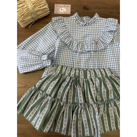 CAMISA NIÑA VICHY CELESTE VOLANTE MÁS FALDA/PANTALON RAYAS VERDE/CELESTE , MON PETIT