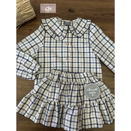 CAMISA NIÑA CUADROS CAMEL/AZUL MÁS FALDA/PANTALON CUADROS CAMEL/AZUL , MON PETIT