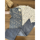 BLUSA MUSELINA BLANCA FLORAL CON VOLANTE MÁS CHALECO AZUL FLORAL VOLANTES HOMBROS Y PANT.PANA AZUL BORD.FLOR ,DADATI