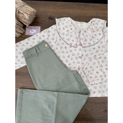 BLUSA FLORES CON CUELLO BABERO CON VOLANTE MÁS PANT. LARGO VERDE , DADATI
