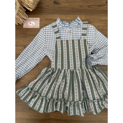 CAMISA NIÑA ABIERTA VICHY CELESTE MÁS RANITA RAYAS VERDE/CELESTE , MON PETIT